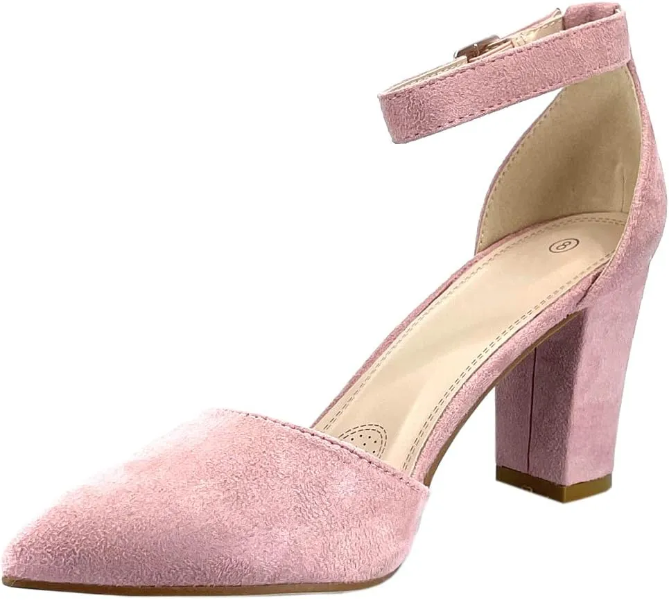 ABSOLEX Women's Pointy-Toe D'Orsay Ankle Strap Block Heel Dress Pump