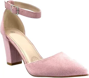 ABSOLEX Women's Pointy-Toe D'Orsay Ankle Strap Block Heel Dress Pump