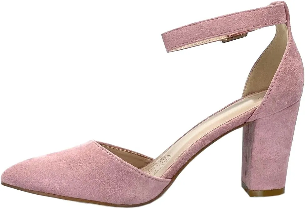 ABSOLEX Women's Pointy-Toe D'Orsay Ankle Strap Block Heel Dress Pump