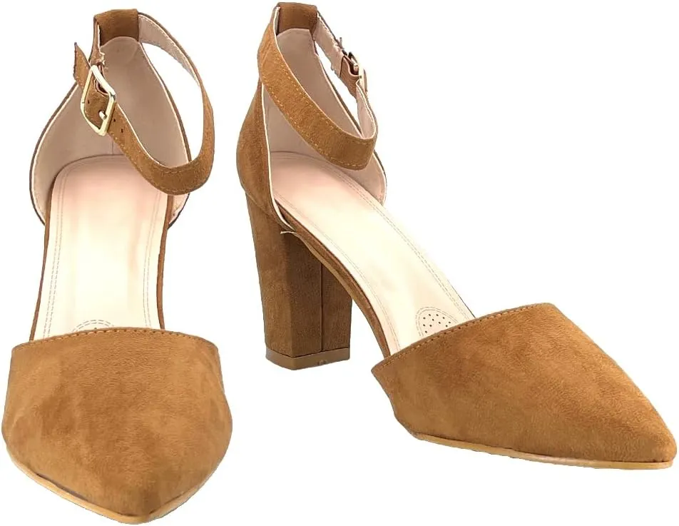 ABSOLEX Women's Pointy-Toe D'Orsay Ankle Strap Block Heel Dress Pump