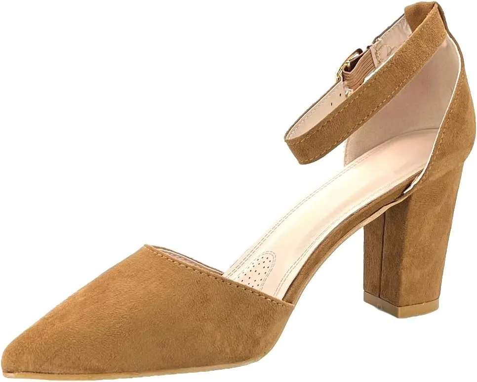 ABSOLEX Women's Pointy-Toe D'Orsay Ankle Strap Block Heel Dress Pump