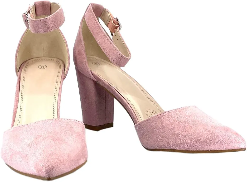 ABSOLEX Women's Pointy-Toe D'Orsay Ankle Strap Block Heel Dress Pump