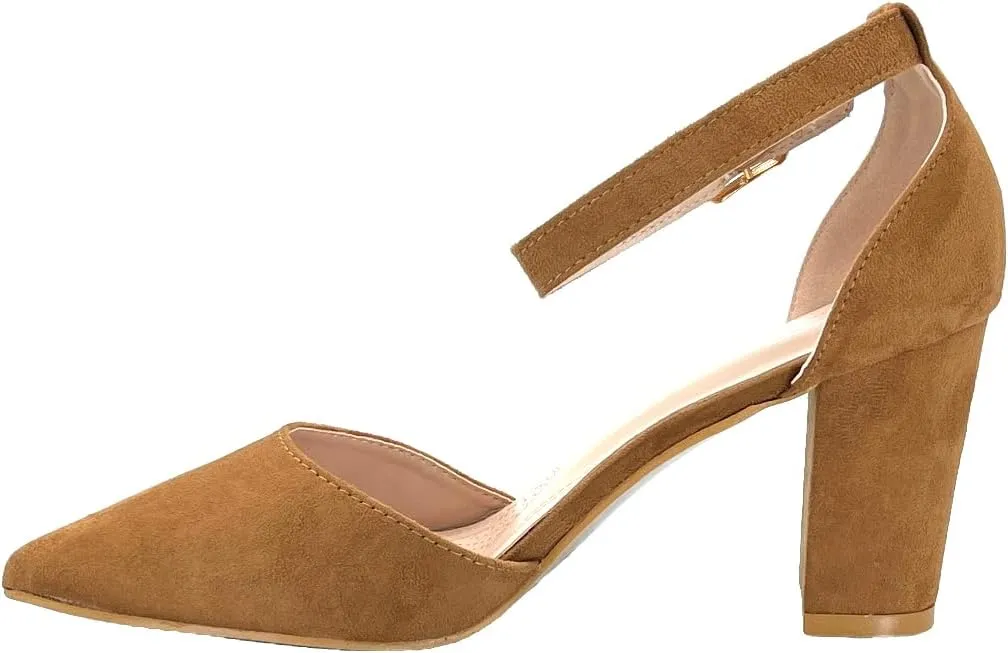 ABSOLEX Women's Pointy-Toe D'Orsay Ankle Strap Block Heel Dress Pump