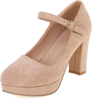 Agodor Women's Chunky Heel Mary Jane Lolita Platform Shoes Suede Round Toe Block Heel Pumps (US 8.5, Beige2)
