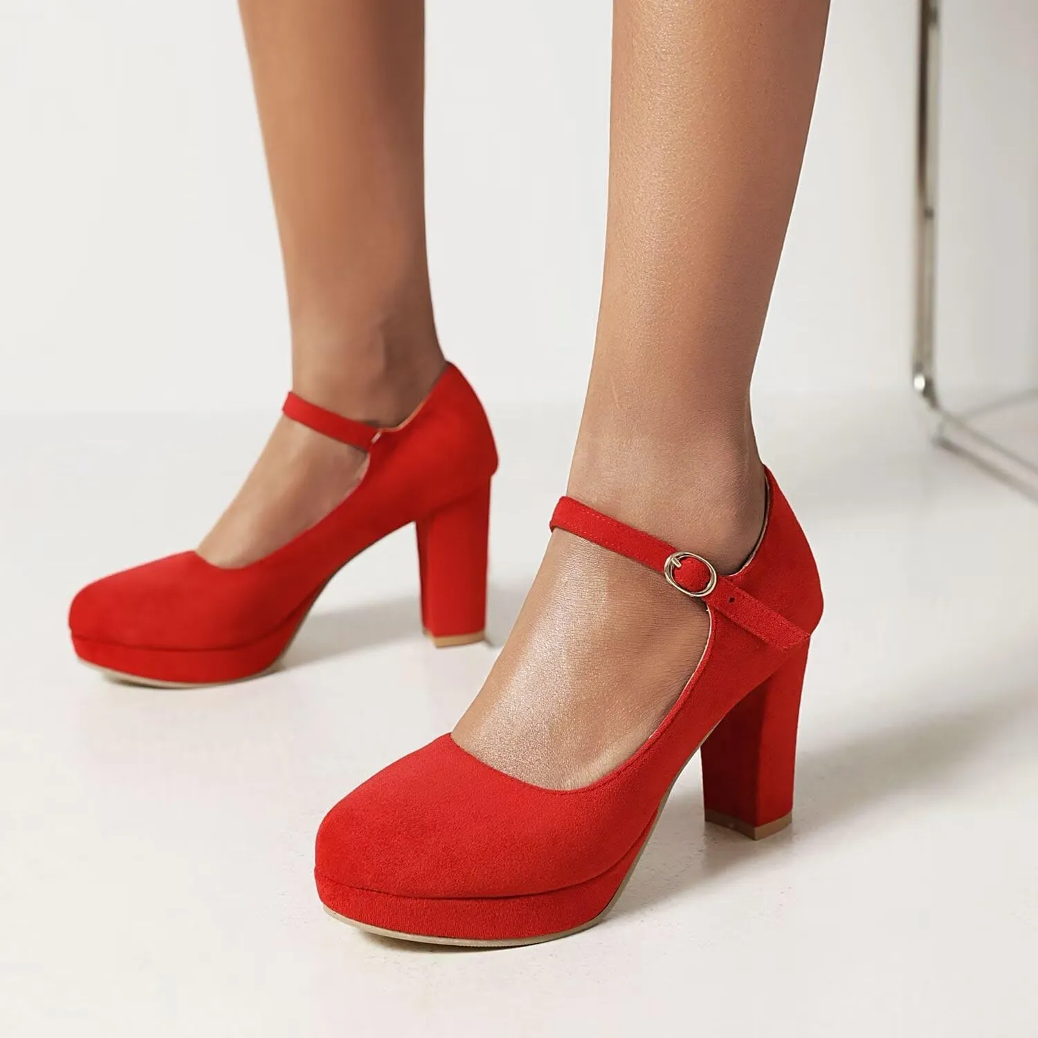 Agodor Women's Chunky Heel Mary Jane Lolita Platform Shoes Suede Round Toe Block Heel Pumps