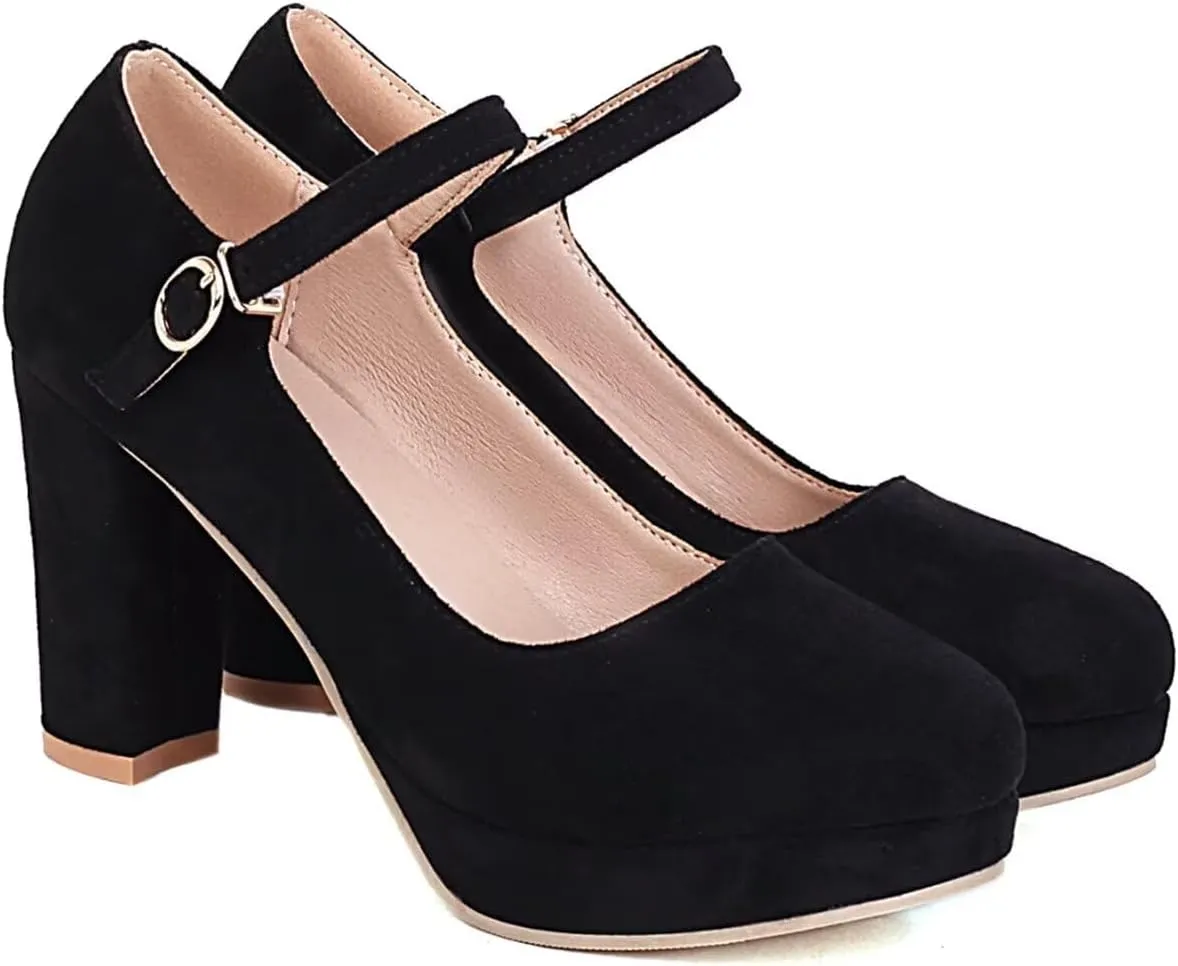 Agodor Women's Chunky Heel Mary Jane Lolita Platform Shoes Suede Round Toe Block Heel Pumps