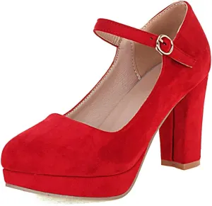 Agodor Women's Chunky Heel Mary Jane Lolita Platform Shoes Suede Round Toe Block Heel Pumps