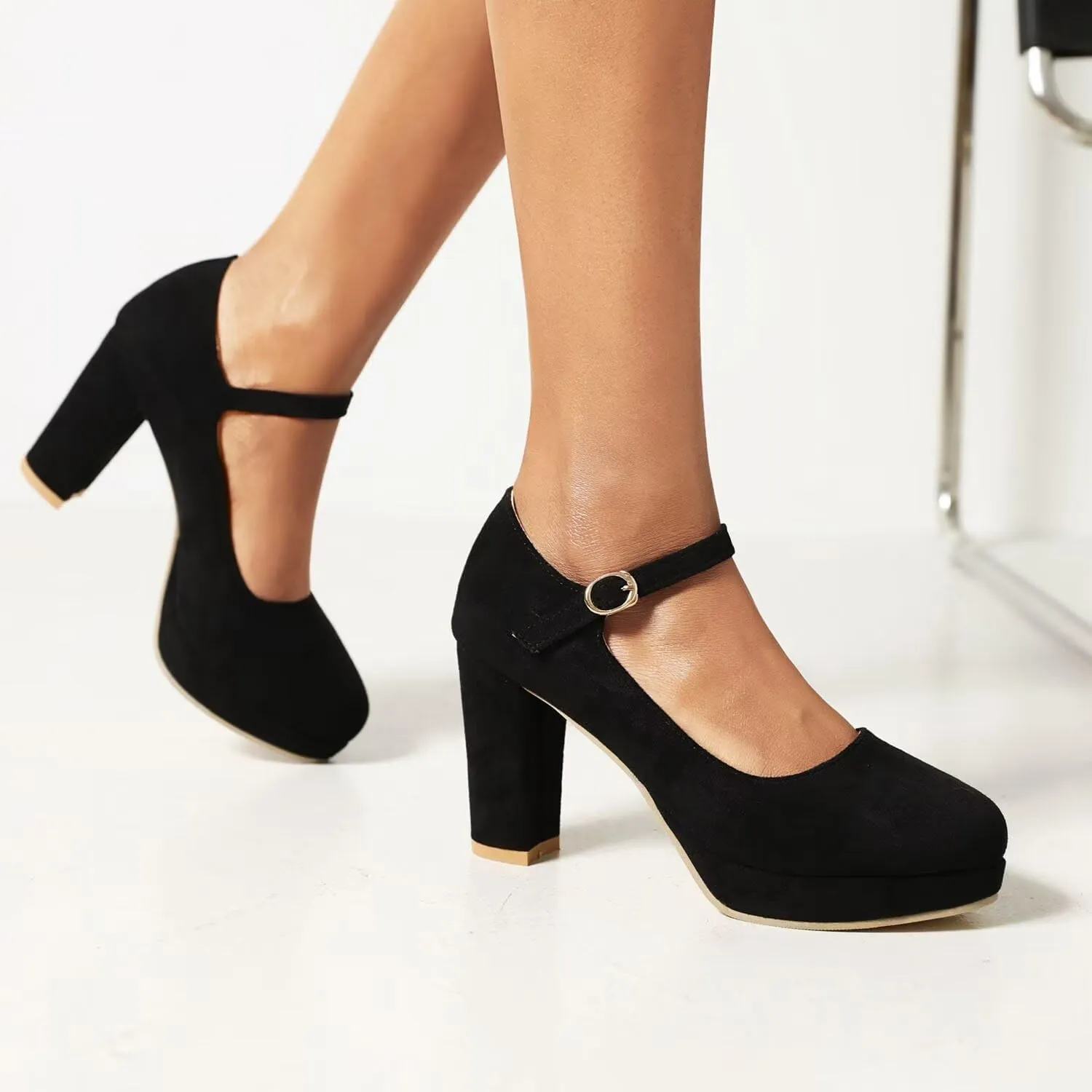 Agodor Women's Chunky Heel Mary Jane Lolita Platform Shoes Suede Round Toe Block Heel Pumps