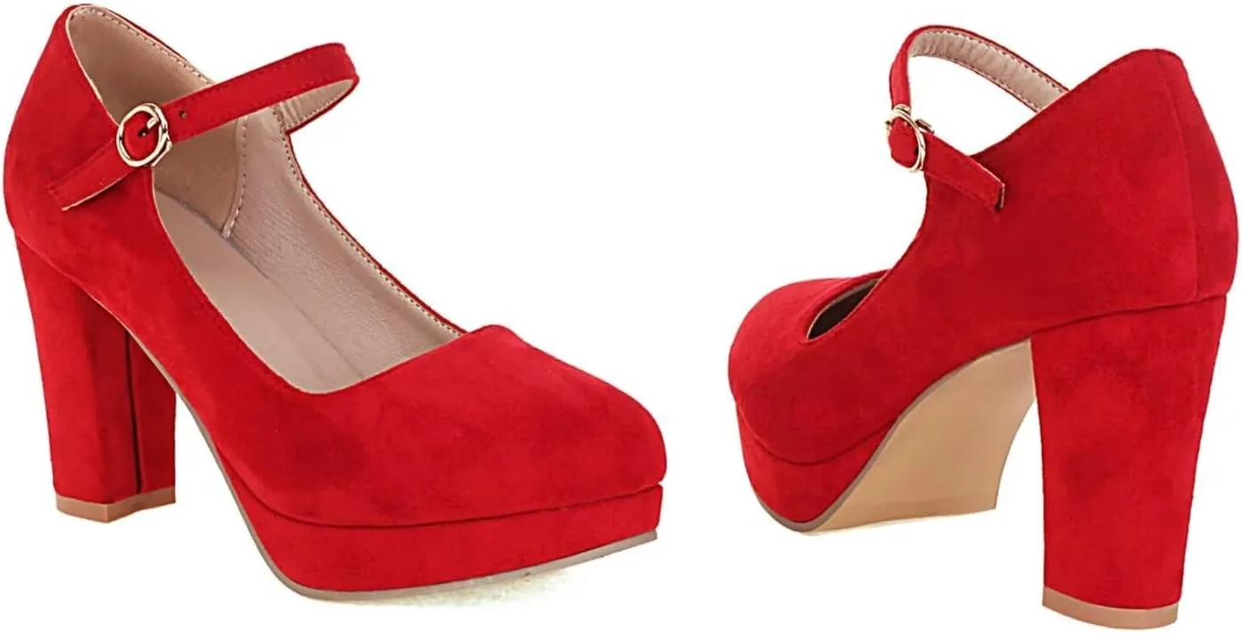 Agodor Women's Chunky Heel Mary Jane Lolita Platform Shoes Suede Round Toe Block Heel Pumps