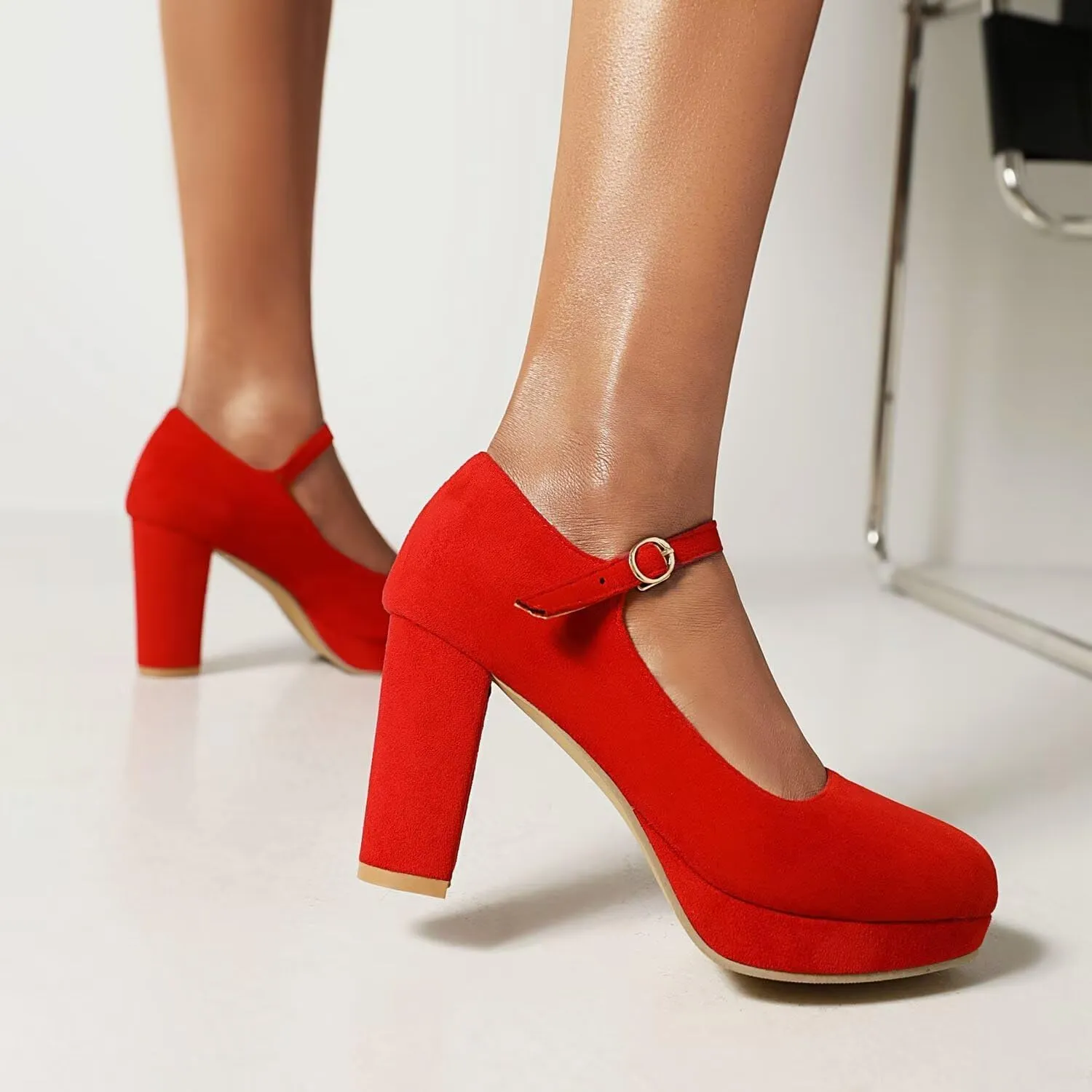 Agodor Women's Chunky Heel Mary Jane Lolita Platform Shoes Suede Round Toe Block Heel Pumps