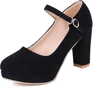 Agodor Women's Chunky Heel Mary Jane Lolita Platform Shoes Suede Round Toe Block Heel Pumps