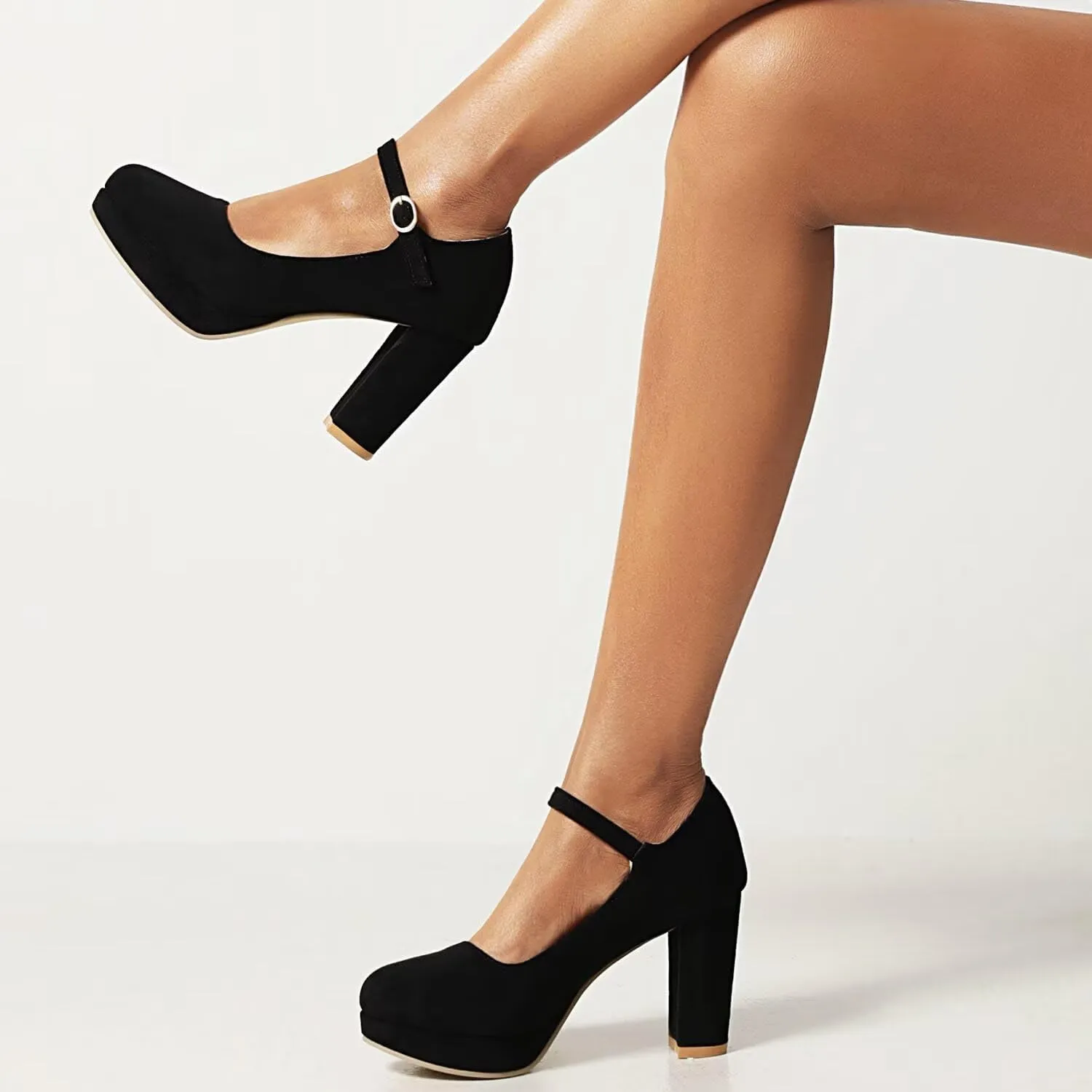 Agodor Women's Chunky Heel Mary Jane Lolita Platform Shoes Suede Round Toe Block Heel Pumps