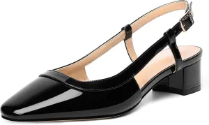 AMBELIGHT Womens Dating Patent Square Toe Buckle Adjustable Strap Sexy Block Low Heel Pumps Shoes 1.5 Inch