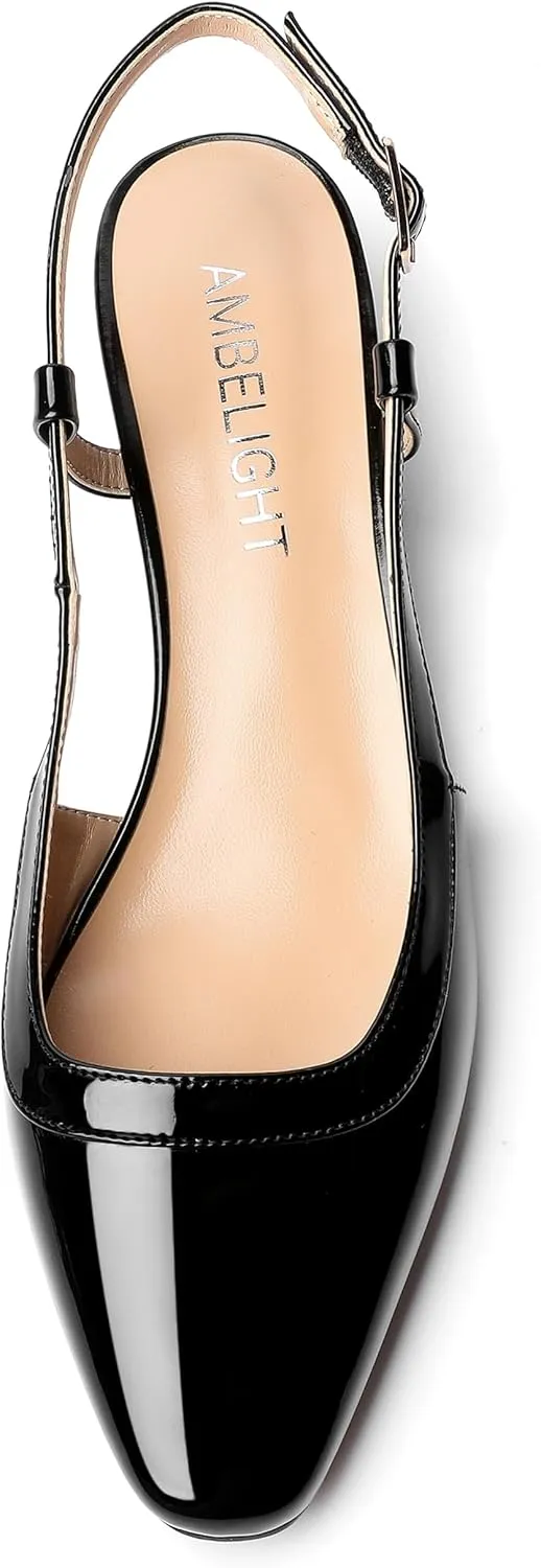 AMBELIGHT Womens Dating Patent Square Toe Buckle Adjustable Strap Sexy Block Low Heel Pumps Shoes 1.5 Inch