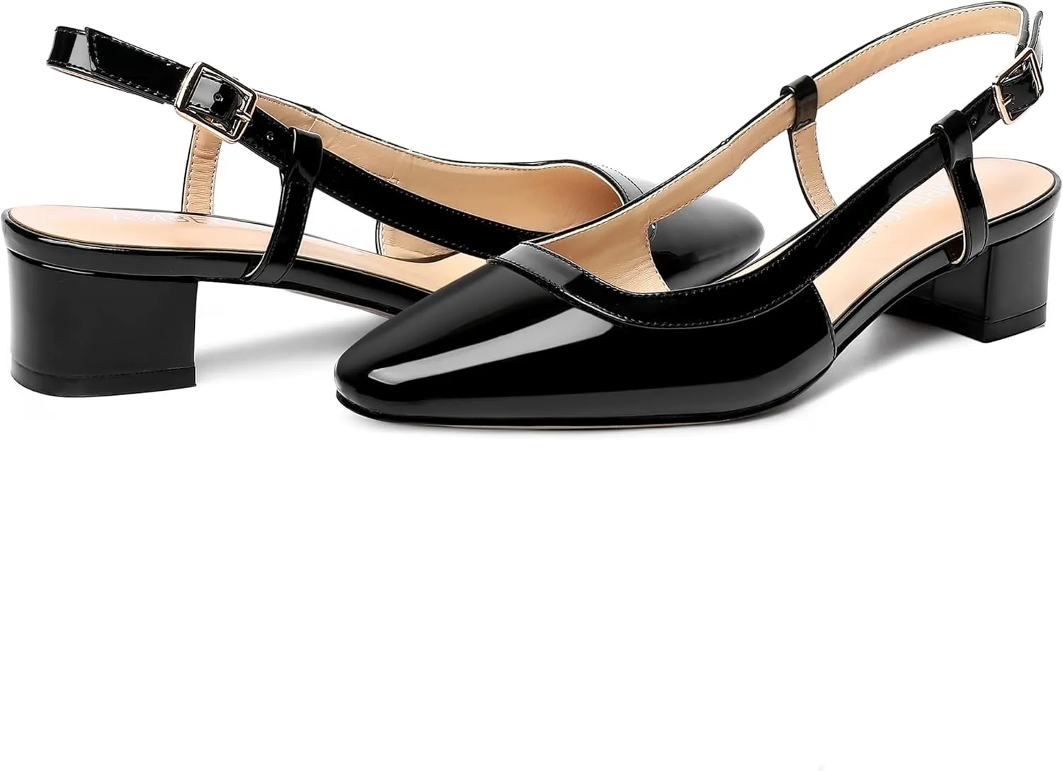 AMBELIGHT Womens Dating Patent Square Toe Buckle Adjustable Strap Sexy Block Low Heel Pumps Shoes 1.5 Inch