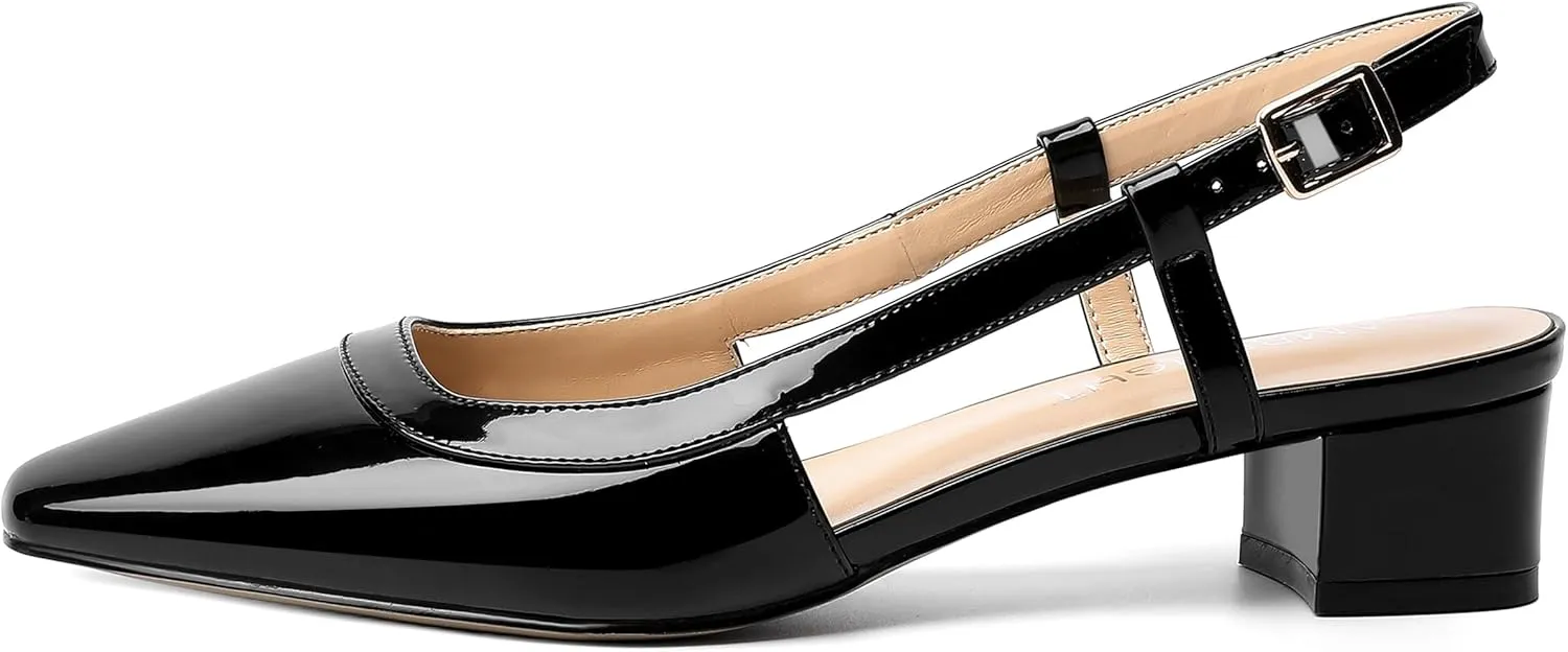 AMBELIGHT Womens Dating Patent Square Toe Buckle Adjustable Strap Sexy Block Low Heel Pumps Shoes 1.5 Inch