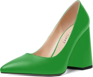 AMBELIGHT Womens Slip On Block Suede Evening Dress Pointed Toe Chunky High Heel Pumps Shoes 4 Inch