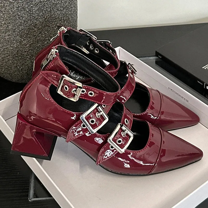 Ankle Buckle Pumps Pointed Toe Square Heels Shoes