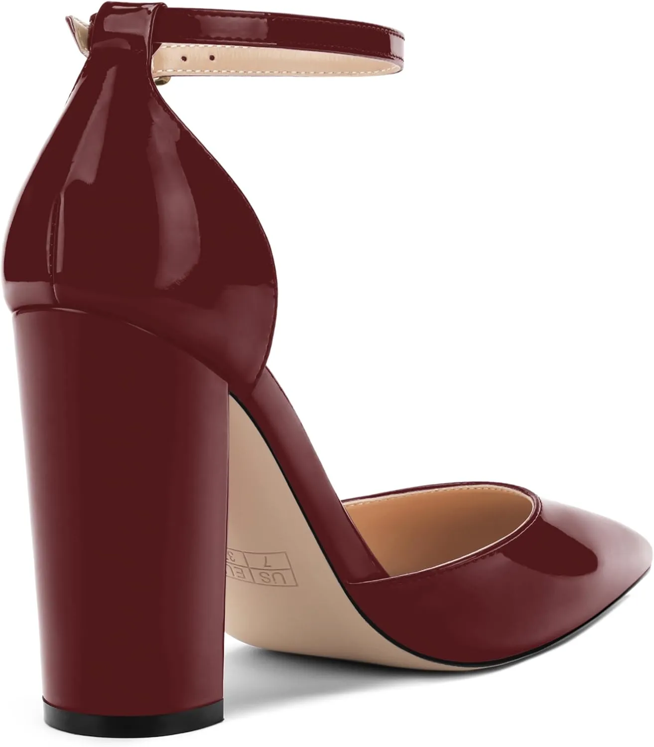 Ankle Strap Heels for Women,Chunky Block Closed Pointed Toe Patent Pumps,Dress Wedding Party Shoes 3 Inch