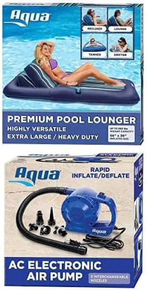 Aqua Premium Convertible Ultimate Pool Lounger, Inflatable Pool Float, Heavy Duty, X-Large, 74” – 90”, Navy/Green/White Stripe with Aqua Heavy Duty 110V AC Electric Air Pump, 3 Nozzle Attachments