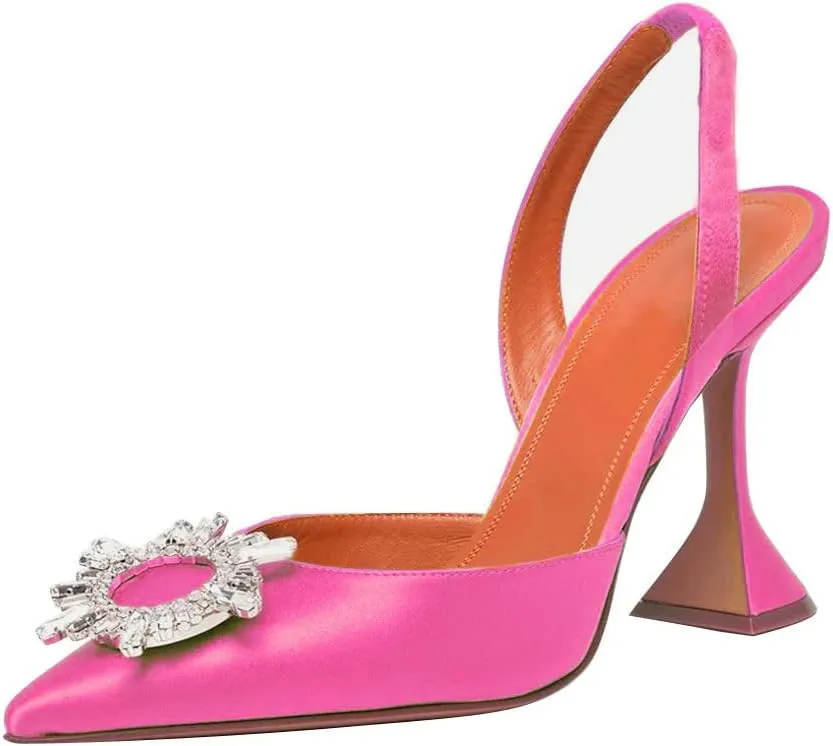 Arqa Satin Slingback Heels for Women Crystal Pointed Toe High Heels Wedding Bride Pump Shoes
