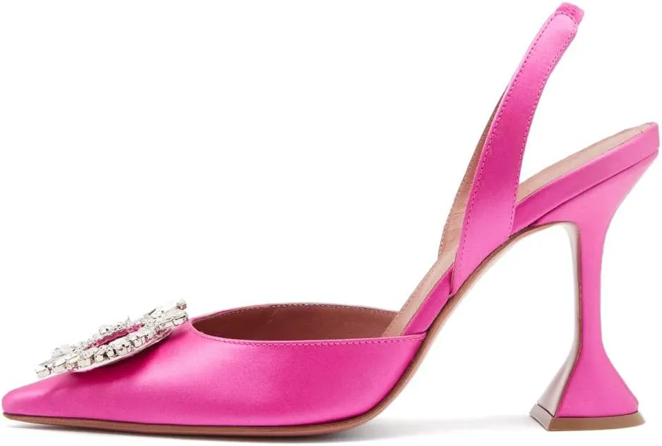 Arqa Satin Slingback Heels for Women Crystal Pointed Toe High Heels Wedding Bride Pump Shoes