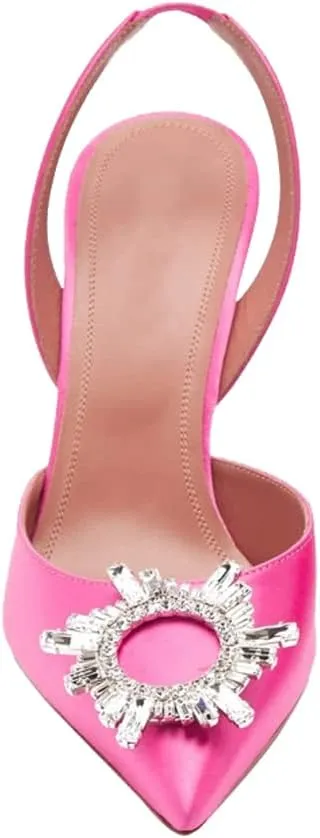 Arqa Satin Slingback Heels for Women Crystal Pointed Toe High Heels Wedding Bride Pump Shoes