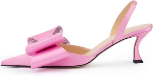 Arqa Women's Kitten Heels Oversize Satin Bow Slingback Pumps Pointed Toe Dress Low Heels