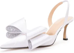 Arqa Women's Kitten Heels Oversize Satin Bow Slingback Pumps Pointed Toe Dress Low Heels