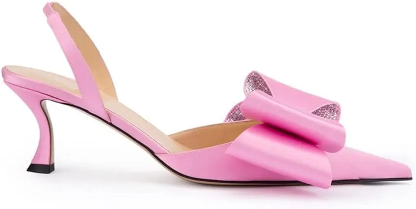 Arqa Women's Kitten Heels Oversize Satin Bow Slingback Pumps Pointed Toe Dress Low Heels
