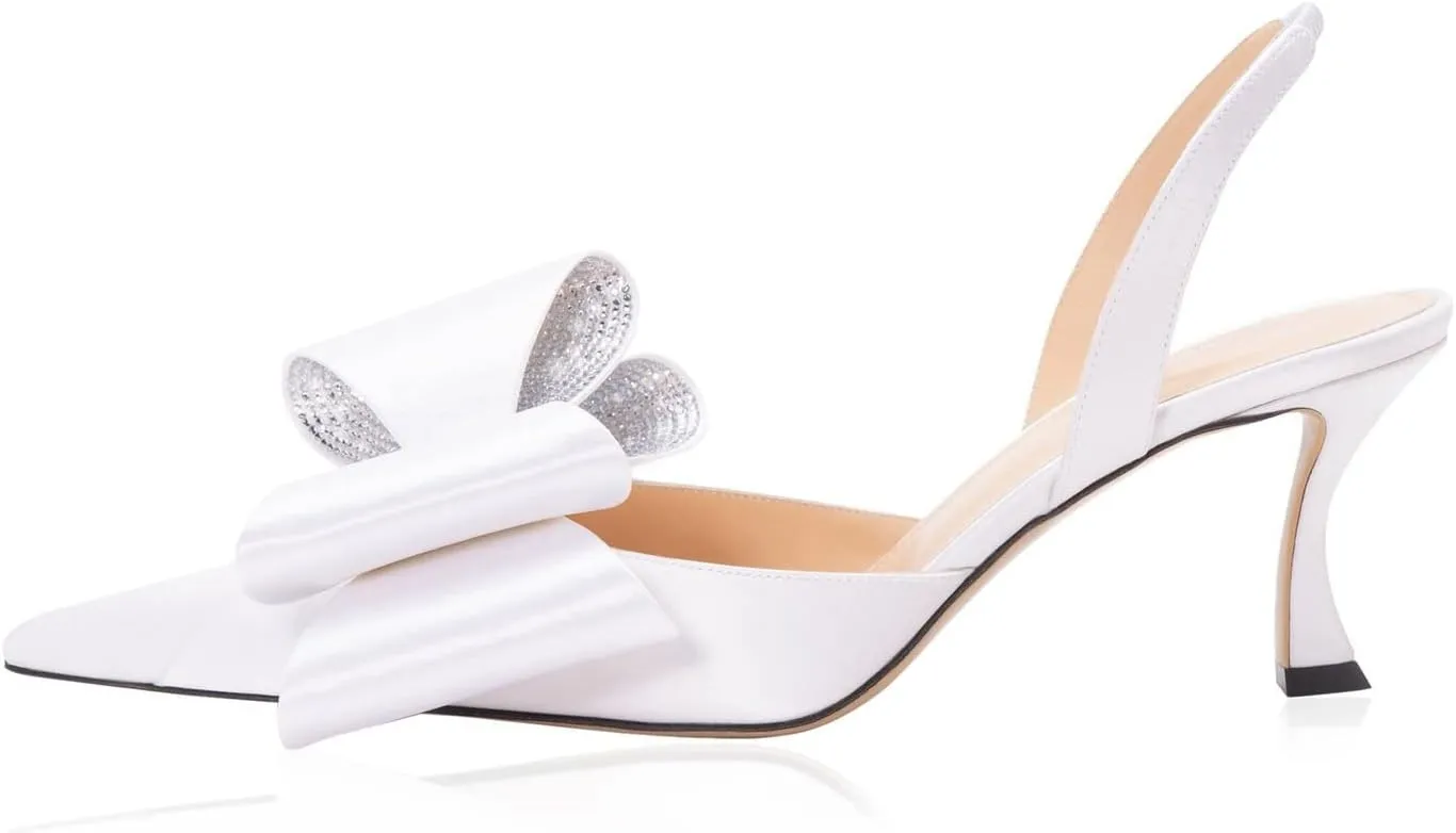 Arqa Women's Kitten Heels Oversize Satin Bow Slingback Pumps Pointed Toe Dress Low Heels