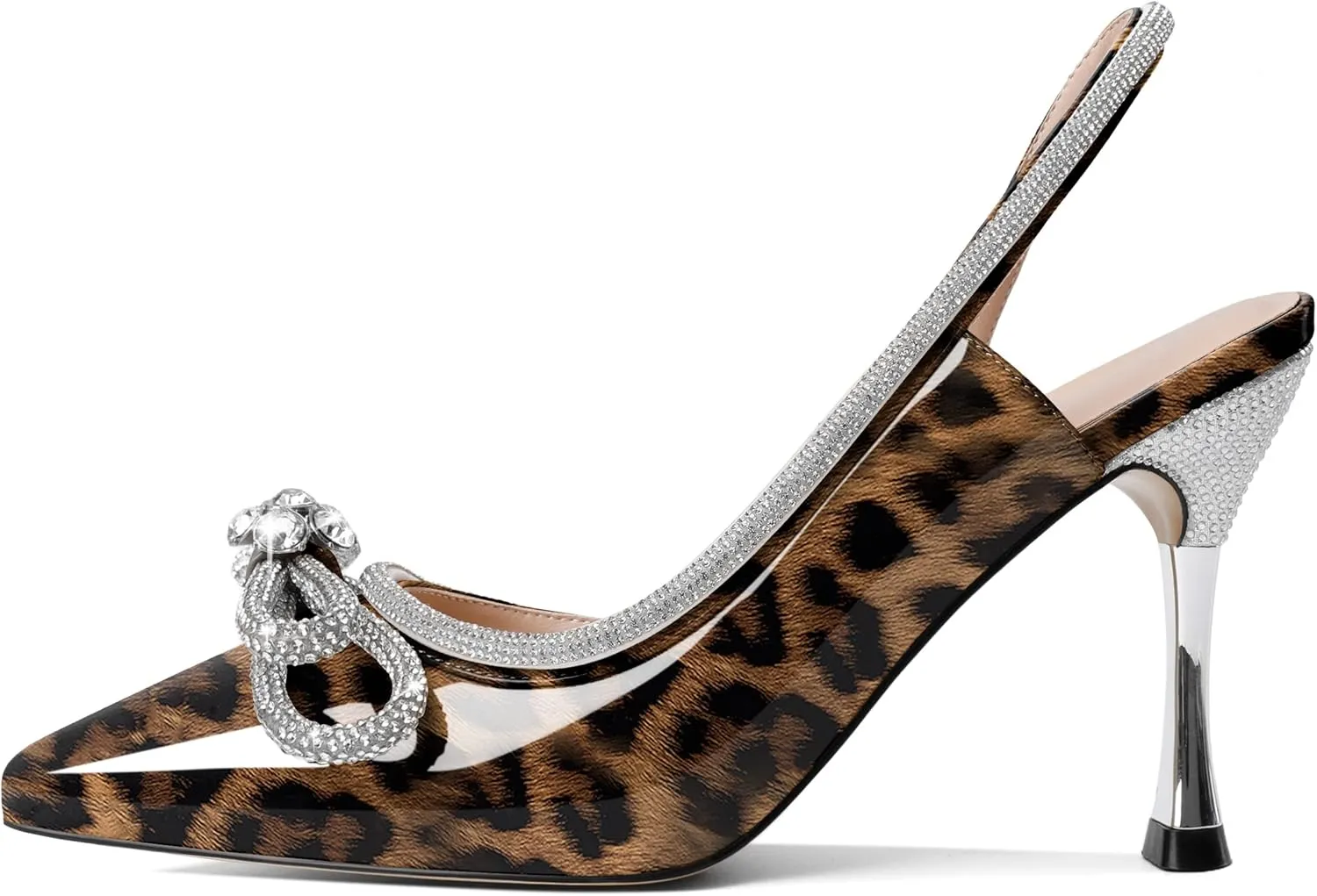 AUMOTED Women Rhinestone Bow Heels Stiletto High Heels Closed Pointed Toe Sexy Slingback Ankle Strap Pumps Wedding Bridal Dress Heeled Shoes 3.4 Inch