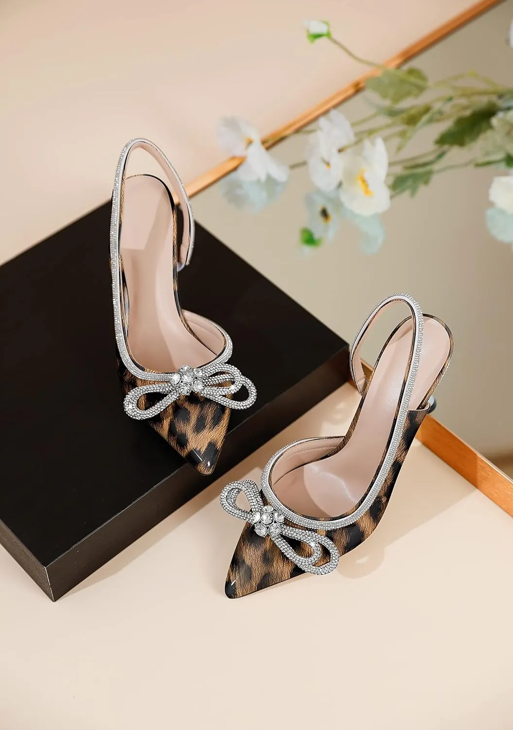 AUMOTED Women Rhinestone Bow Heels Stiletto High Heels Closed Pointed Toe Sexy Slingback Ankle Strap Pumps Wedding Bridal Dress Heeled Shoes 3.4 Inch