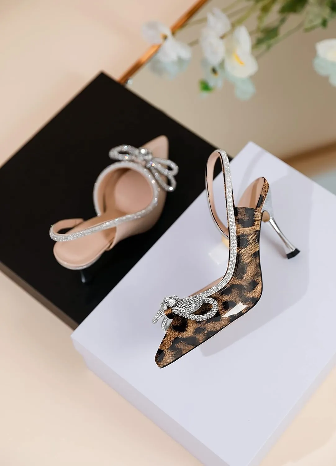AUMOTED Women Rhinestone Bow Heels Stiletto High Heels Closed Pointed Toe Sexy Slingback Ankle Strap Pumps Wedding Bridal Dress Heeled Shoes 3.4 Inch