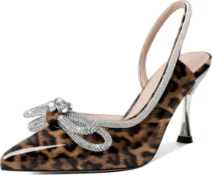 AUMOTED Women Rhinestone Bow Heels Stiletto High Heels Closed Pointed Toe Sexy Slingback Ankle Strap Pumps Wedding Bridal Dress Heeled Shoes 3.4 Inch