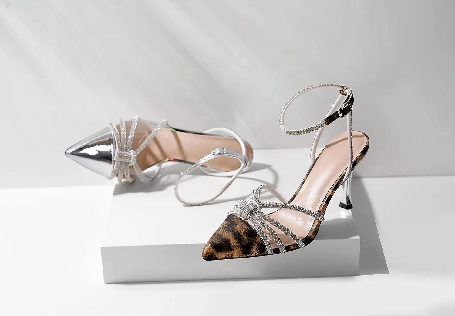 AUMOTED Women's Stiletto High Heel Pumps Ladies Clear Heels Patent Pointed Toe Pumps Crystal Rhinestones Ankle Strap Wedding Bridal Dress Heeled Sandals 3.4 Inch