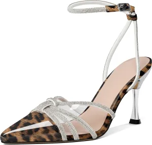 AUMOTED Women's Stiletto High Heel Pumps Ladies Clear Heels Patent Pointed Toe Pumps Crystal Rhinestones Ankle Strap Wedding Bridal Dress Heeled Sandals 3.4 Inch