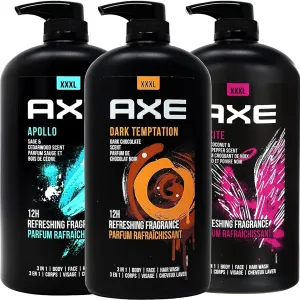 Axe Men's Body Wash Variety Set, Set of 3 Scents, Axe Dark Temptation, Apollo and Excite Body Wash, 3in1 Body and Face Wash in Pump Bottle, 33.8 Ounce Each