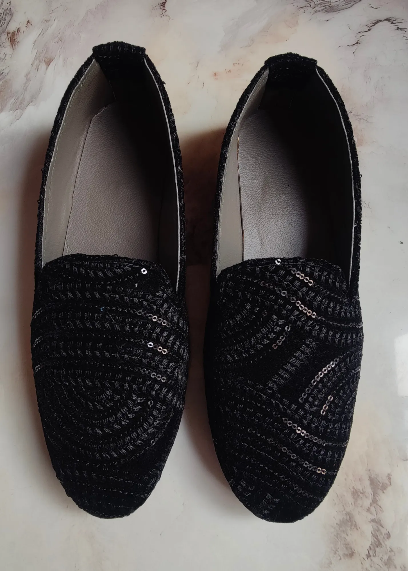Black Sequin Designer Embroidery Loafer Shoes