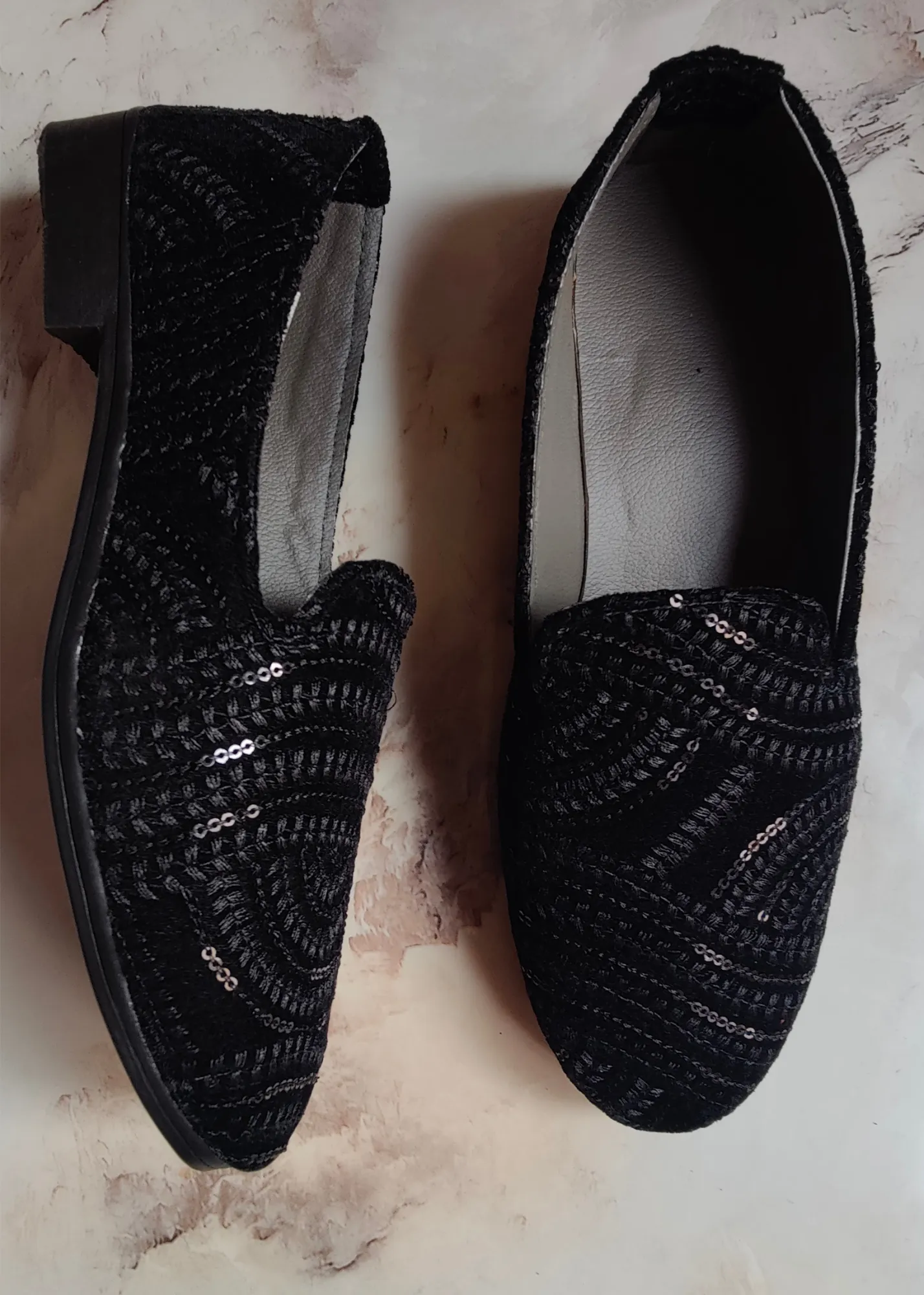 Black Sequin Designer Embroidery Loafer Shoes