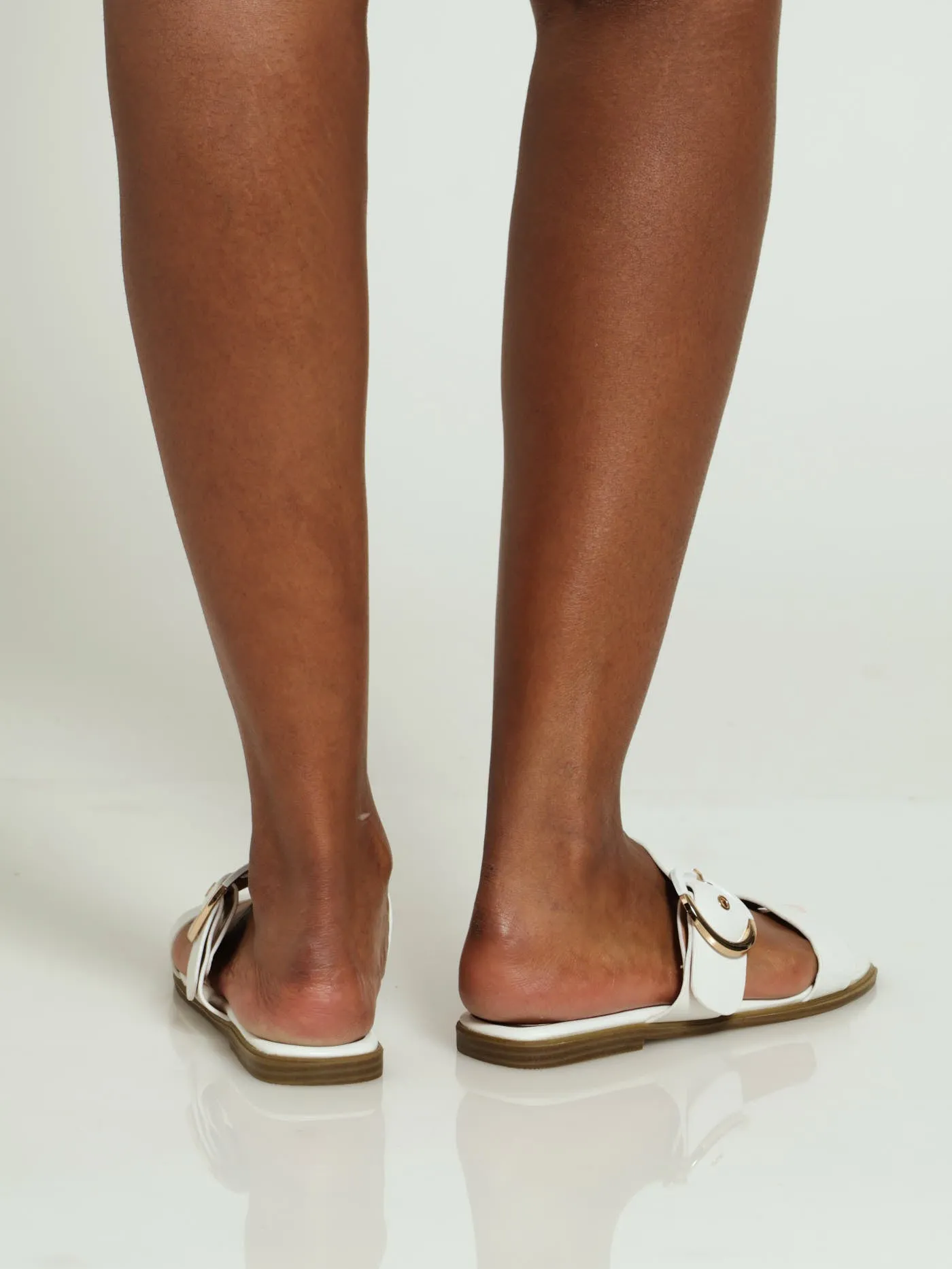 Buckle Detail Square Toe Mule Sandal - White
