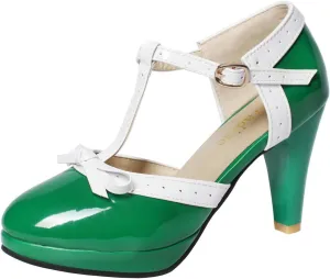 Caradise Womens High Heel T Strap Mary Jane Patent Pumps with Bow Rockabilly Dress Shoes