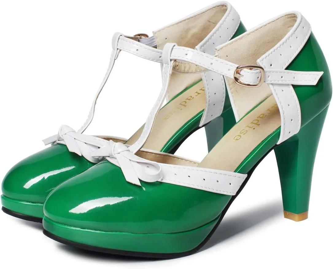 Caradise Womens High Heel T Strap Mary Jane Patent Pumps with Bow Rockabilly Dress Shoes