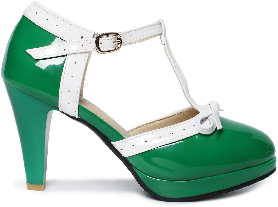 Caradise Womens High Heel T Strap Mary Jane Patent Pumps with Bow Rockabilly Dress Shoes
