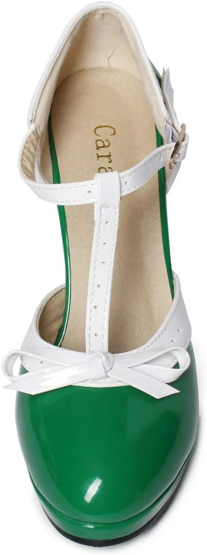 Caradise Womens High Heel T Strap Mary Jane Patent Pumps with Bow Rockabilly Dress Shoes