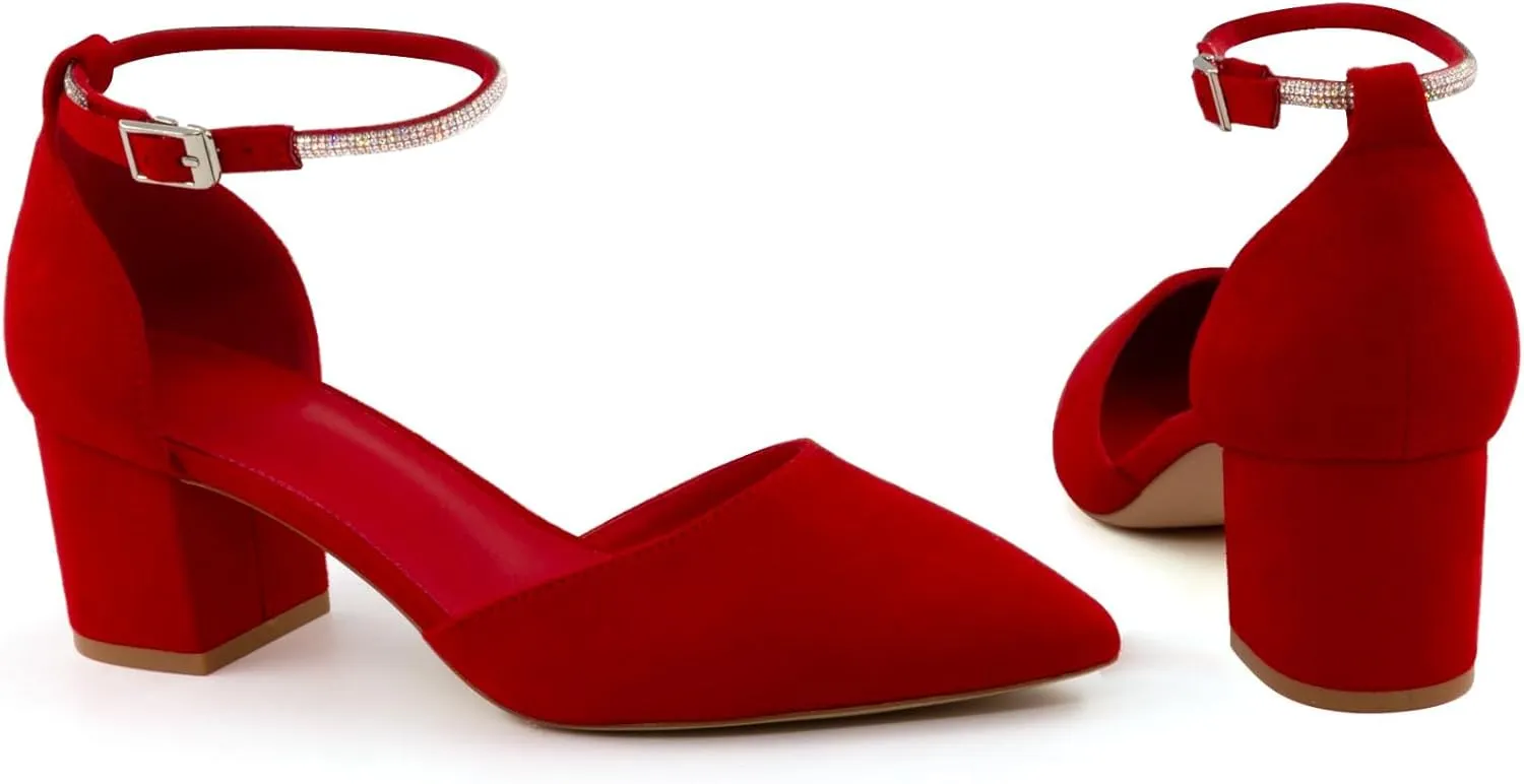 Closed Toe Heels Pumps Women High Block Chunky Heeled Pointed Toed Ankle Strap Pump Shoes Office Wedding Casual Dance Glitter Pumps Shoes for Lady Size 6-10