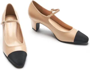 C.Paravano Mary Jane Pumps Women's Pumps Two Tone Almond Toe Block Heels Adjustable Strap Casual Pump Shoes (Beige,10)