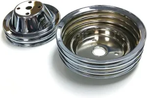 Double/Triple Groove Pulley Kit, Fits Chevy SBC Long Water Pump, Chrome Steel, 283-350 V8