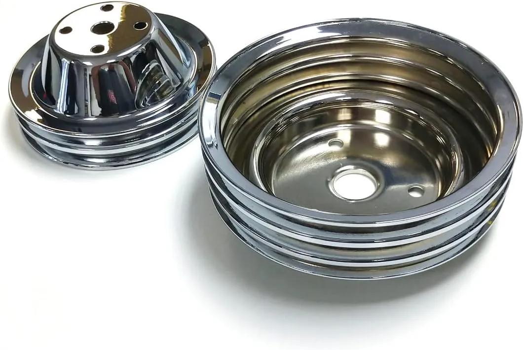 Double/Triple Groove Pulley Kit, Fits Chevy SBC Long Water Pump, Chrome Steel, 283-350 V8