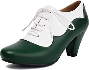 Elerhythm Women's Mary Jane 1920s Pump Heels Oxford Classic and Retro Lace Up Two Tones 1950s Vintage Round Closed Toe 1940s Shoes